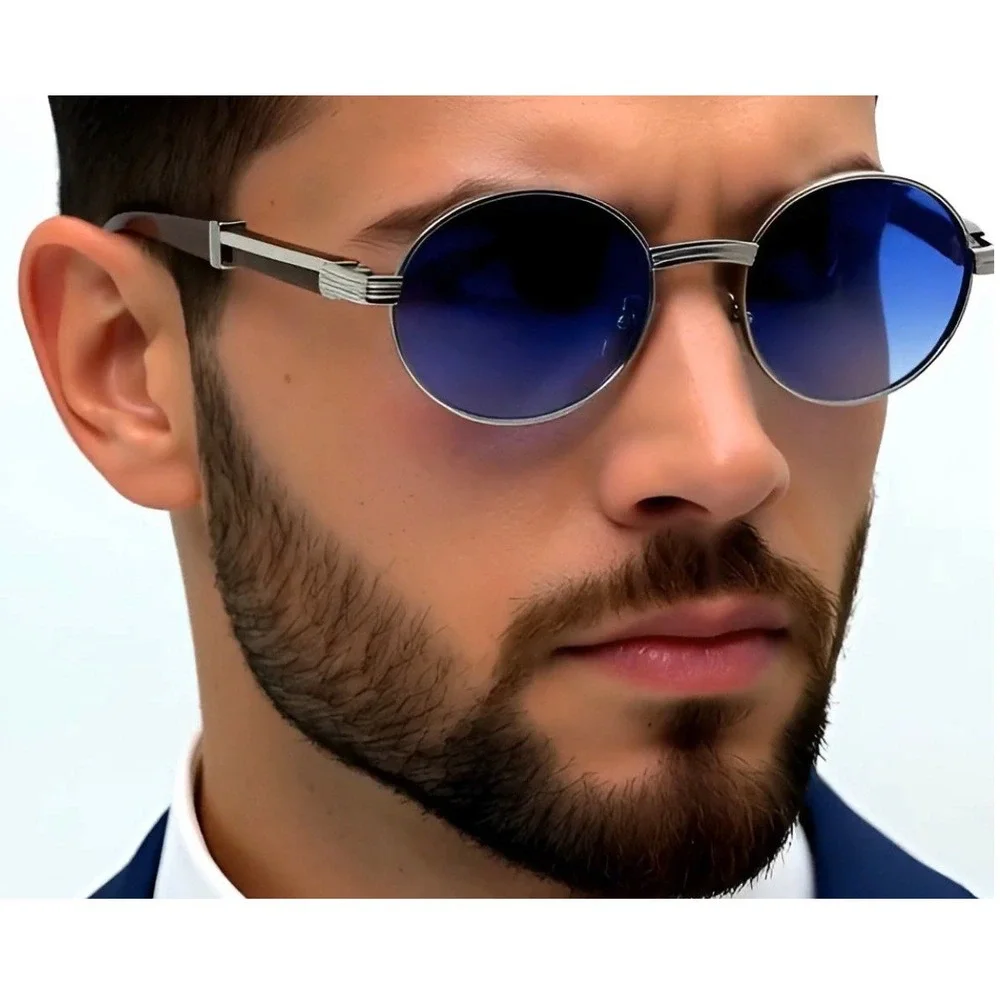 Round Blue Lens Sunglasses‎ Mens Wood Temple Metal Frame Fashion Eyewear LENTES